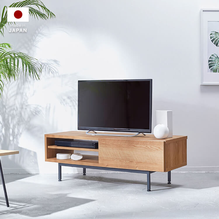 [幅120] テレビ台 日本製 ローテレビ台 木製 収納付 引き出し付 スチール脚 シャビーナチュラル