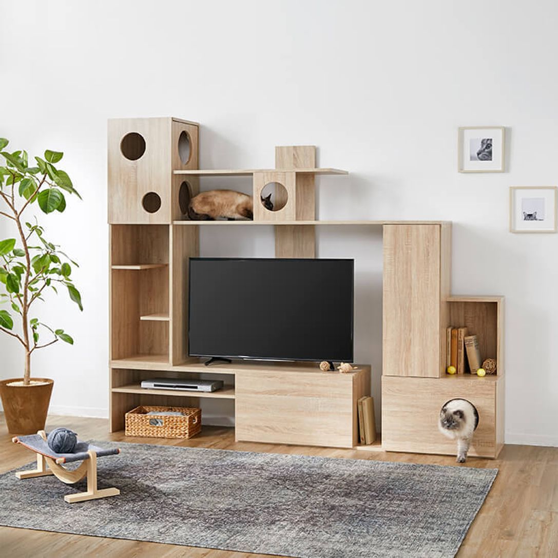 壁面収納テレビ台 左右両側昇降可能 木製 キャットタワー一体型 幅2 公式 Lowya ロウヤ 家具 インテリアのオンライン通販