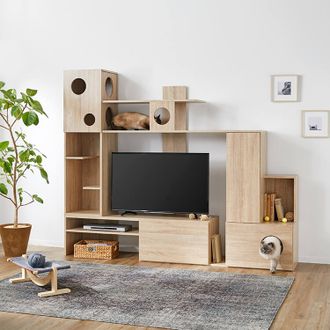壁面収納テレビ台 左右両側昇降可能 木製 キャットタワー一体型 [幅220 