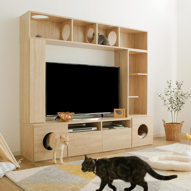 壁面収納テレビ台(ウォルナット/ナチュラル)キャットタワー一体型で猫 