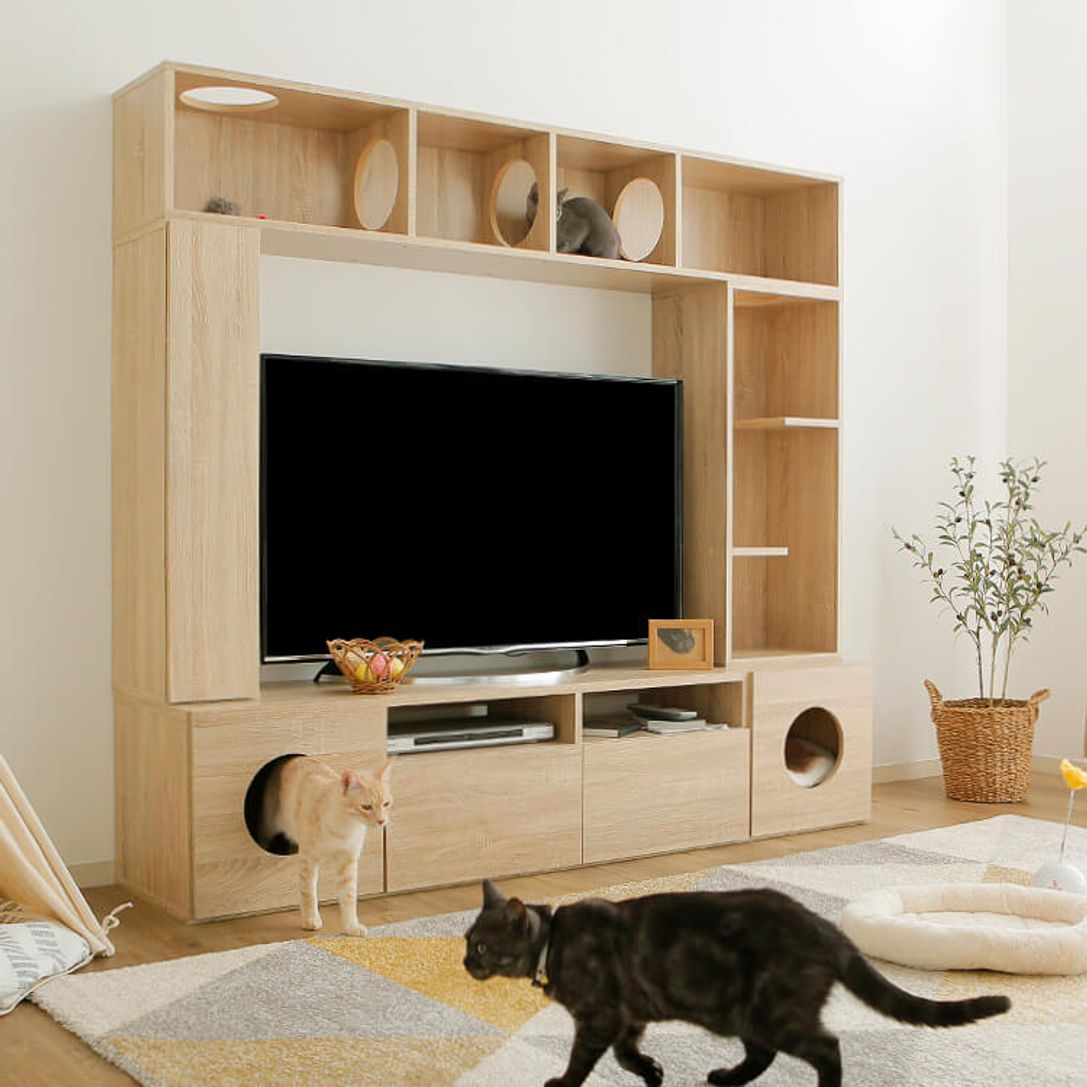 壁面収納テレビ台 ウォルナット ナチュラル キャットタワー一体型で猫との空間を 公式 Lowya ロウヤ 家具 インテリアのオンライン通販