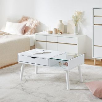 幅79]大理石柄 リビングテーブル 収納付き ガラス天板 北欧テイスト  