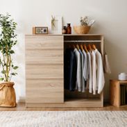 大人気商品】引出し付きでたっぷり収納の木製ハンガーラック(オーク 