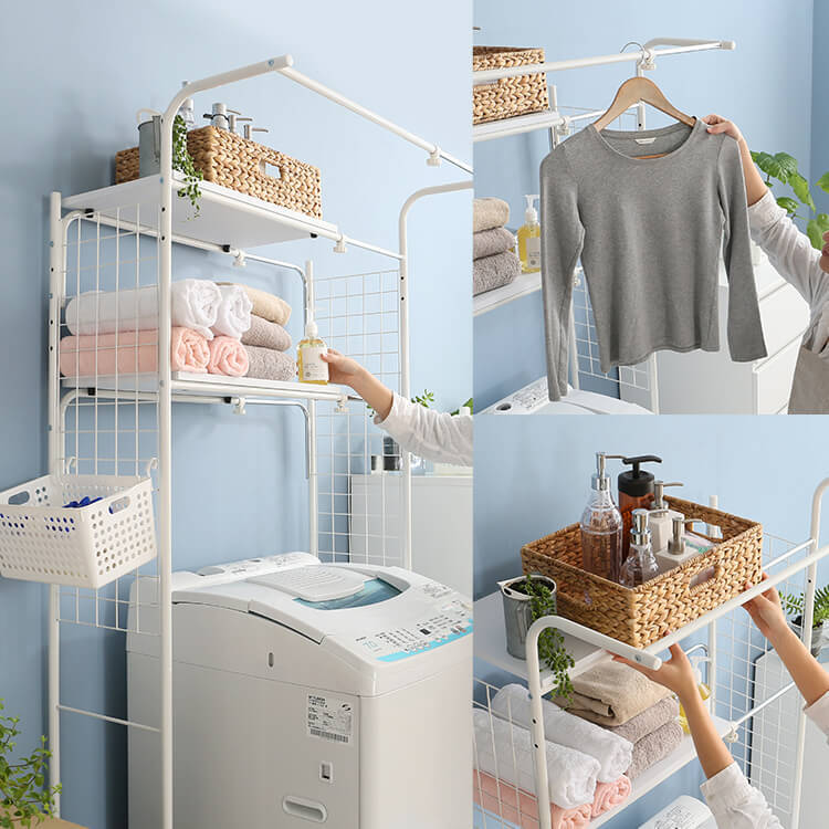ランドリー収納(ホワイト/ナチュラル)伸縮タイプのハンガーラック付き