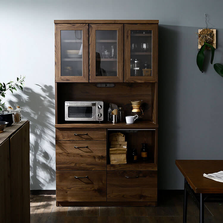 [幅101] 食器棚 キッチン収納 スライドレール モイス付き 日本製 アンティーク調 アンティークブラウン