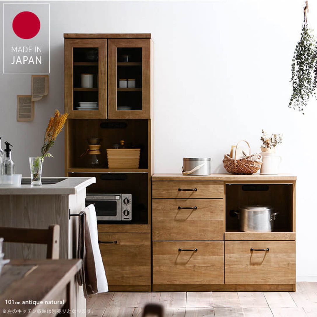 日本製のロータイプ食器棚(アンティークブラウン/アンティークナチュラル)スライドレール式の幅101 | 【公式】LOWYA(ロウヤ)  家具・インテリアのオンライン通販