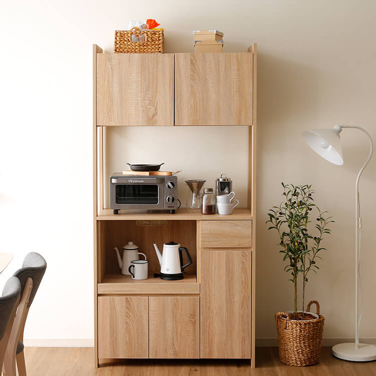 LOWYA 幅90 食器棚 キッチンカウンター キッチンキャビネット ラタン調