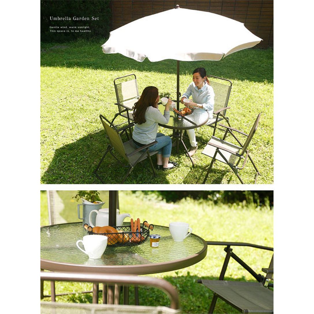 4人用ガーデンテーブル6点セット ブラウン パラソル付き 幅80 公式 Lowya ロウヤ 家具 インテリアのオンライン通販