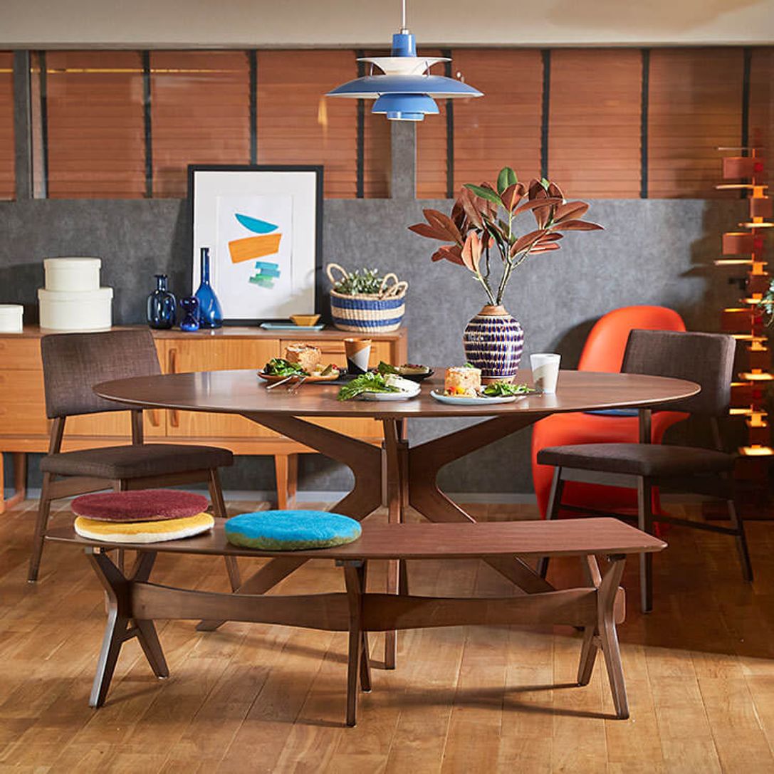 楕円がおしゃれな4人掛けダイニングテーブルセット ウォルナット チェア ベンチが選べる 幅180 公式 Lowya ロウヤ 家具 インテリアのオンライン通販