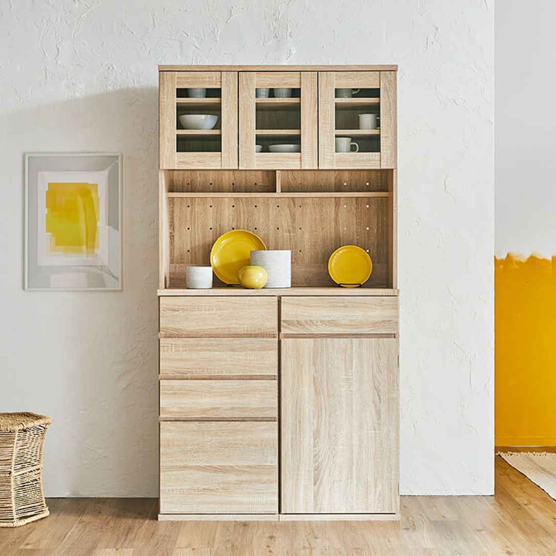 ガラス扉がおしゃれな食器棚 レンジ台 木製 オーク 収納タイプが選べる 幅96 公式 Lowya ロウヤ 家具 インテリアのオンライン通販