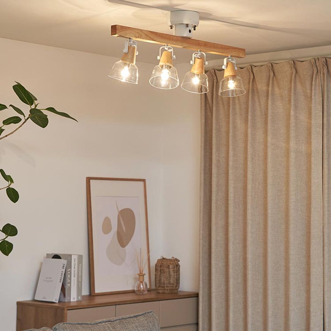 LEDシーリング・スポットライト（4灯：ブラウン/ナチュラル）木製×ガラスシェード リモコン付き | 【公式】LOWYA(ロウヤ)  家具・インテリアのオンライン通販