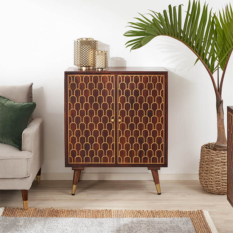 木製キャビネット 花柄タイル付き ナチュラル サイドボード 602-1052