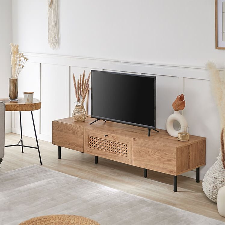 LOWYA 【幅80】木製テレビボード ラタン調 コード穴 脚付