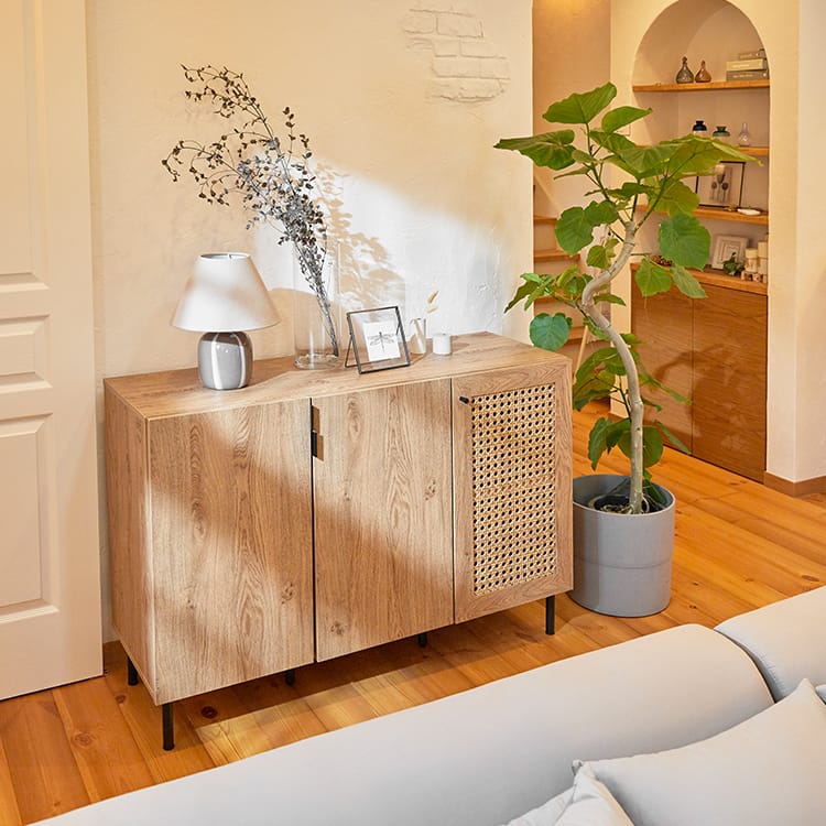 【LOWYA】引取り可！ラタン調キャビネット 幅120] ラタン調キャビネット リビングボード | 【公式】LOWYA(ロウヤ