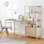 [幅90] デスク 収納ラック デスクセット 木目 スチール脚 北欧風パソコンデスク(幅90cm) 収納ラック付き ブックエンド付き L字