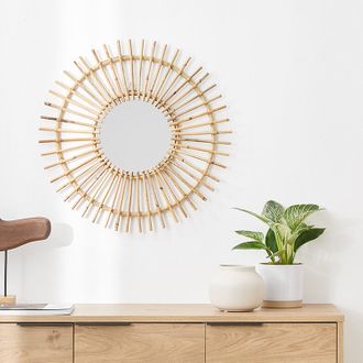 ROOM ESSENCE 壁掛けミラー(幅60cm) 円形 太陽型 ラタン