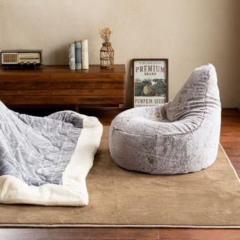 ベージュ ファー素材 円形ビーズクッション