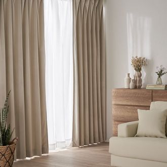 ベージュ]ベルベット調 ドレープカーテン＆レースセット 遮光 保温 UV