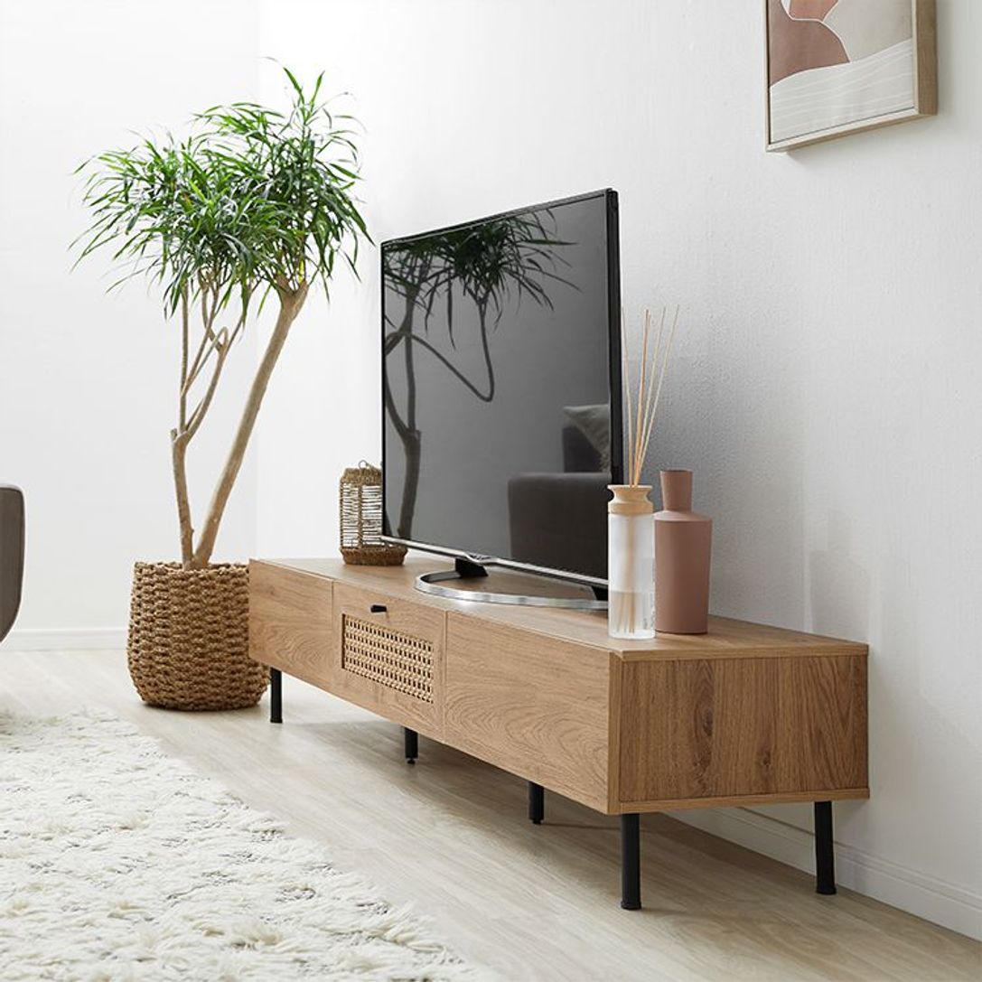 LOWYA 木製テレビボード | ラタン調 コード穴 幅80 - テレビ台