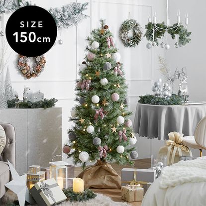 150cm] クリスマスツリー ふわふわオーナメントセット LEDライト付き 