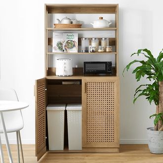 キッチン収納 キャビネット ラタン調 コード穴 収納ポケット [幅 キッチン収納 キャビネット ラタン調 コード穴 収納ポケット [幅