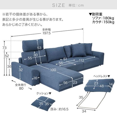 3人掛けカウチタイプのフロアソファ ハイバックソファ[幅197.5