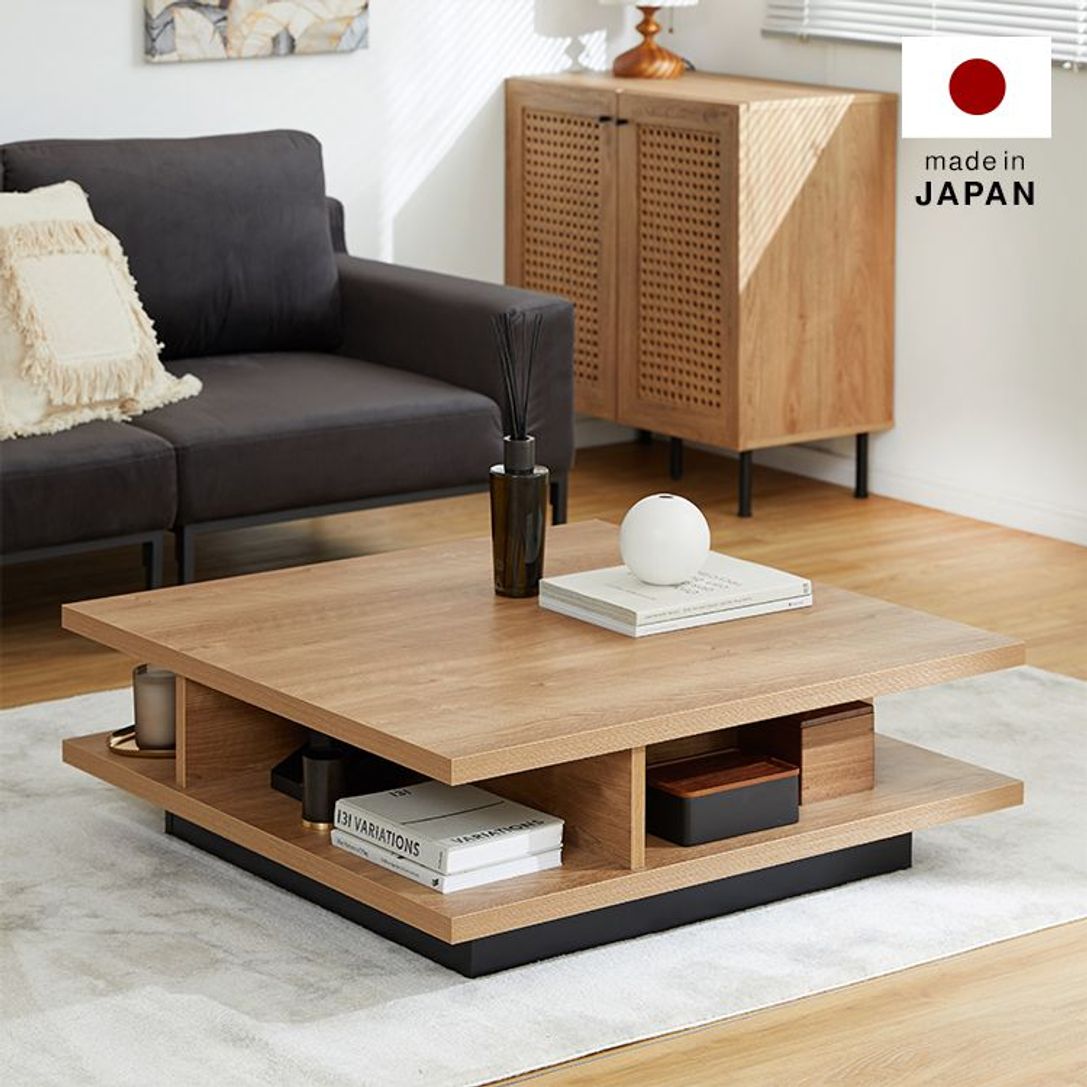 [幅90] スクエアローテーブル 収納付き 突板 ツートンデザイン 日本製 リビングテーブル ウォルナット