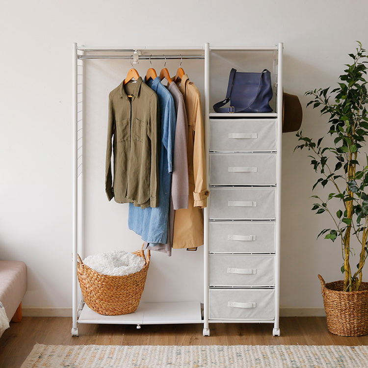 meg①】ハンガーラック 収納 引き出し サイドフック付 木目調 LOWY ハンガーラック収納 引き出し サイドフック付き 木目調 meg①