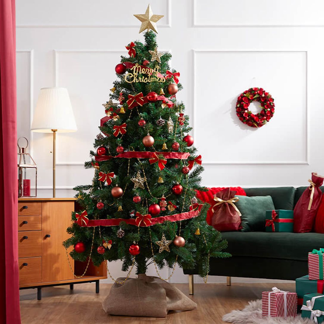 [180cm] クリスマスツリー オーナメントフルセット LEDライト付 レッド