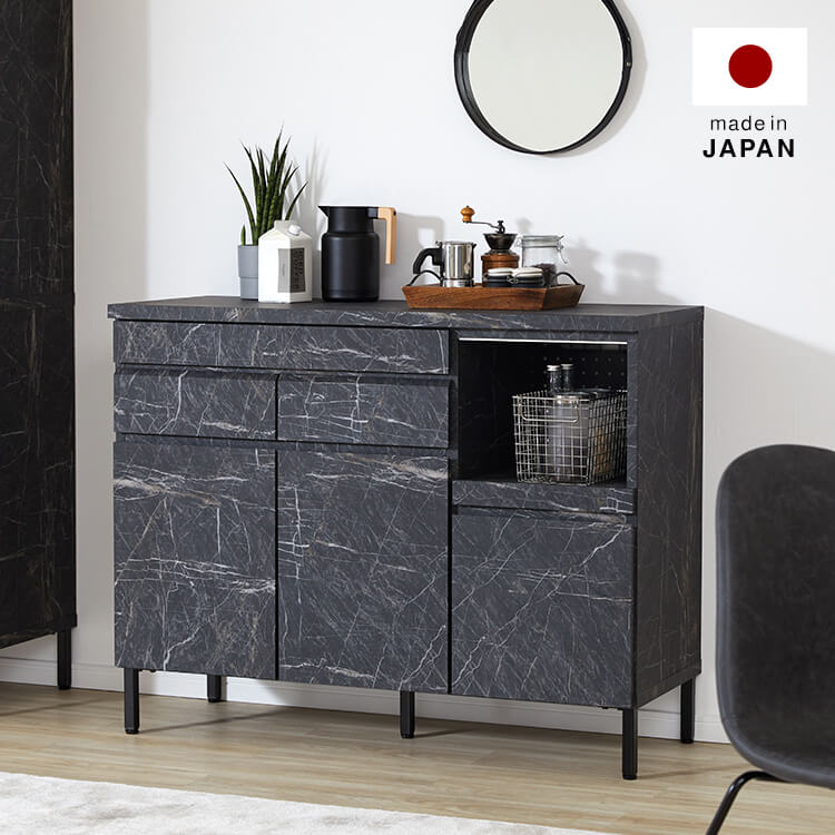 [幅120] キッチンカウンター キッチンラック 食器棚 大理石柄 キッチンボード キッチン収納   スライド 国産 ストーン風のサムネイル