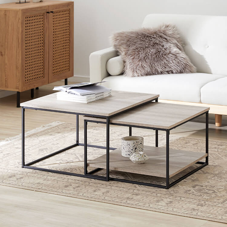 ネストテーブル2個セット 無垢材風サイドテーブル ローデスク 